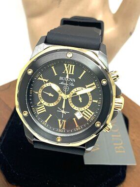 Bulova Men's Watch 98B278 Marine Star Black Dial Quartz Chronograph Rubber Band